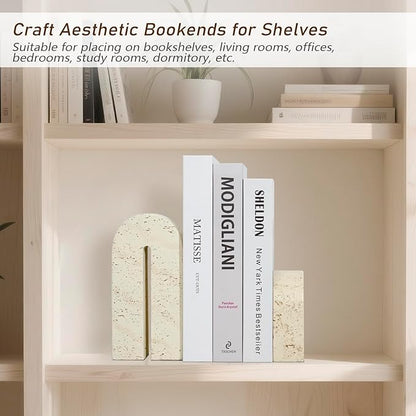 Book Ends for Shelves, Resin Heavy Duty Decorative Bookends, Retro Arch Book Holder for Heavy Books, Imitation Travertine Book Stopper for Home Decor, Study, Bookshelf, Desktop, Set of Two