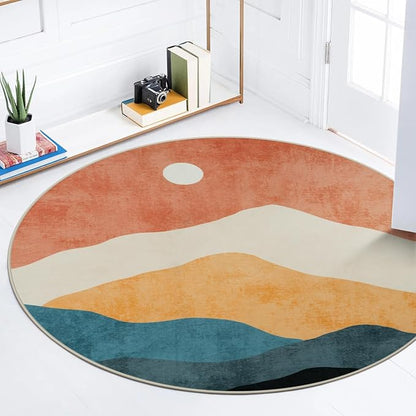 Abstract Round Rug 3ft, Faux Wool Soft Throw Area Rugs, Washable Farmhouse Small Circle Rug, Floor Low Pile Mats for Bedroom Bathroom Laundry Room Nursery Decor