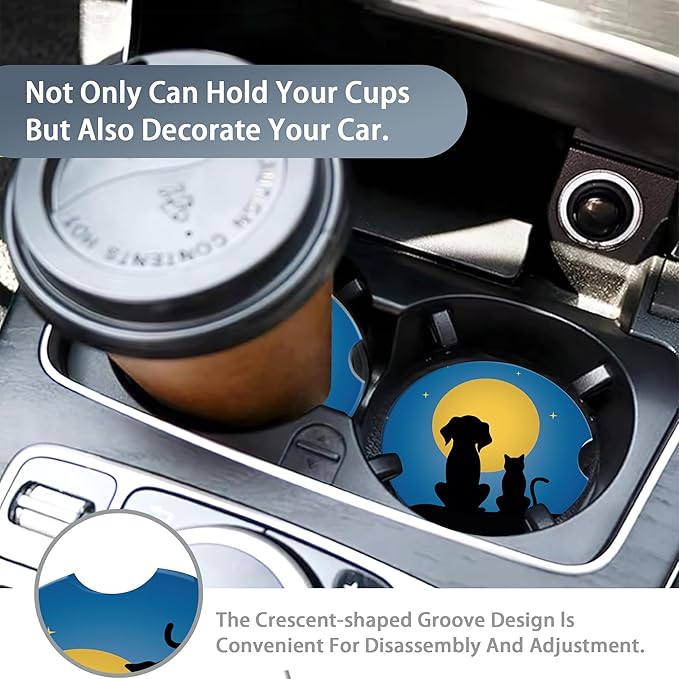 Dog Cat Car Cup Holder Coaster,Moon Night Starry Sky Car Coasters for Cup Holder,2 PCS Absorbent Insert Ceramic Car Assecories with Cork Back & Finger Notch for Women Men