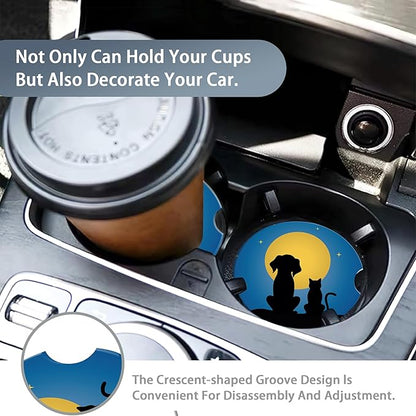 Dog Cat Car Cup Holder Coaster,Moon Night Starry Sky Car Coasters for Cup Holder,2 PCS Absorbent Insert Ceramic Car Assecories with Cork Back & Finger Notch for Women Men