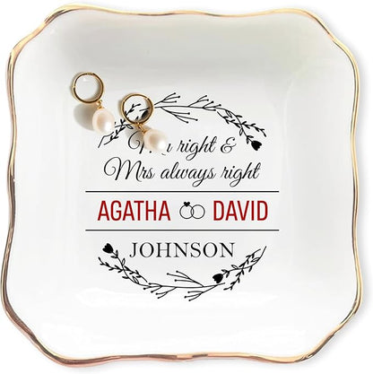 Custom Couple Jewelry Tray Wedding Gifts for Bride and Groom, Personalized Mr and Mrs Ring Dish, Engagement Ceramic Ring Holder, Newlywed Trinket Plate, Gift for Romantic Anniversary