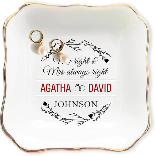 Custom Couple Jewelry Tray Wedding Gifts for Bride and Groom, Personalized Mr and Mrs Ring Dish, Engagement Ceramic Ring Holder, Newlywed Trinket Plate, Gift for Romantic Anniversary