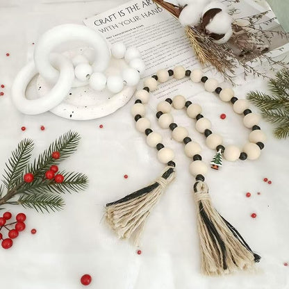 2 pcs Decorative Wood Knot Link Chain and Bead Decor, White Wooden Knot Decor for Coffee Table Farmhouse Decortive for Home Boho Modern Shelf Decortion(White)