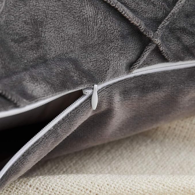 JAUXIO Diamond Pinch Pleated Crystal Velvet Pillowcases 2 Pack Solid Pintuck Throw Cushion Cover for Home Decor Hidden Zipper Closure (Dark Grey, Standard)