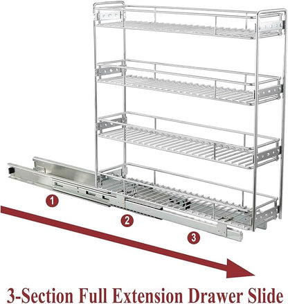OCG 4-Tier Pull Out Kitchen Cabinet Spice Rack Holder Shelves (5" W x 21" D), Slide Out Slim Storage Wire Baskets for Storage Organization, Narrow Pull Out Storage for Narrow Space