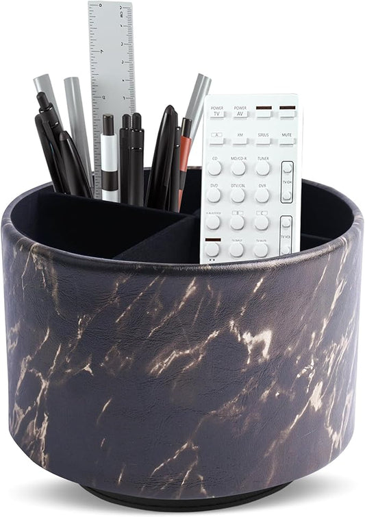 Round Leather Art Supply Organizer,Remote Control Holder,360-degree Rotating Pen Organizer with 4 Compartments(1-Marble Black Gold)