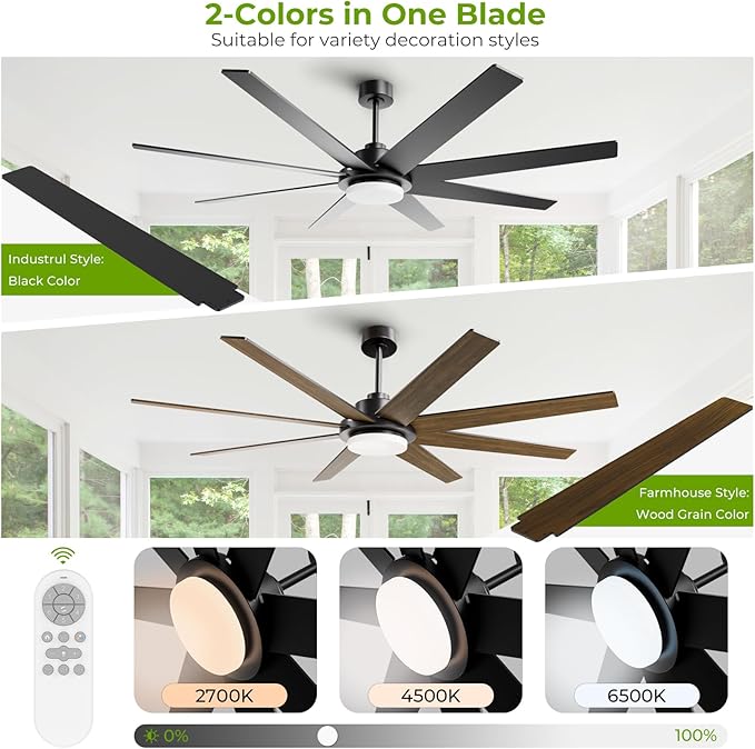 72 Inch Ceiling Fans with Lights and Remote Smart App, Indoor Black LED Big Ceiling Fan Reversible 24dB Quiet DC Motor, 6 Speed 3CCT Dimiable, Modern Ceiling Fans for LivingRoom Farmhouse Garage