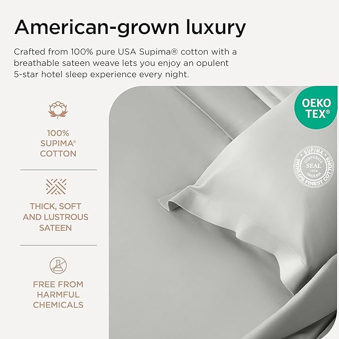 Threadmill Luxury Supima Cotton Sheets, Luxury 1000 Thread Count Soft 100% Cotton Sheets for Full Size Bed, 4 Pc Light Grey Bed Sheets Full Set, 5-Star Hotel Quality Deep Pocket Bed Sheets Set