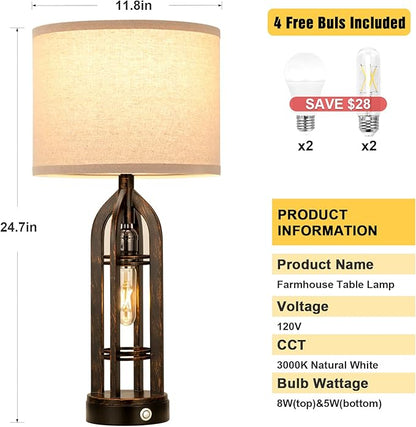 Seealle Table Lamp for Living Room Set of 2 - Copper Bedside Lamp for Bedroom with USB C+A & Outlet, Farmhouse Lamps for Night Stands, 3-Way Dimmable Touch Lamps for Living Room