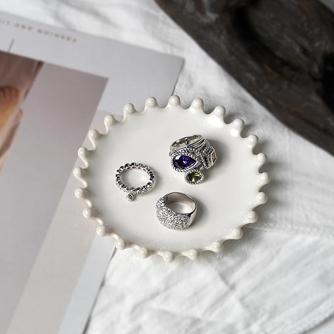 Ceramic Jewelry Dish, Decorative Tray for Rings Earrings Necklaces Bracelet Watch Keys, 4.50" Trinket Tray as Gifts for Women (White Beads)