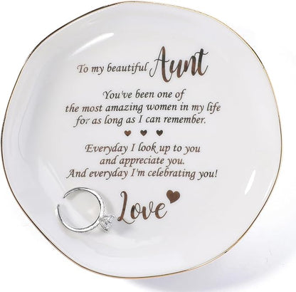 HOME SMILE Christmas Mothers Day Appreciation Birthday Gifts for Aunt from Newphew or Niece-Ceramic Ring Dish Jewelry Tray-Stocking Stuffers for Aunt