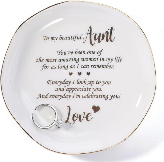 HOME SMILE Christmas Mothers Day Appreciation Birthday Gifts for Aunt from Newphew or Niece-Ceramic Ring Dish Jewelry Tray-Stocking Stuffers for Aunt