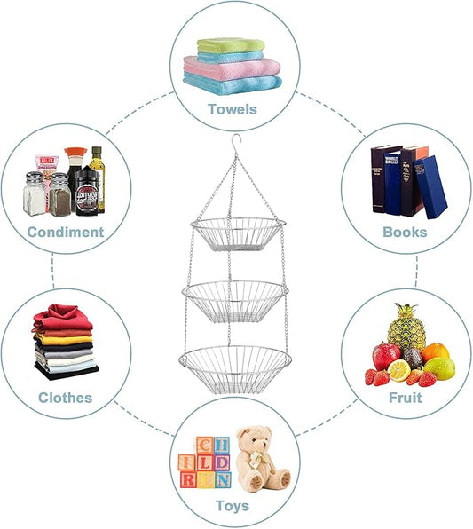 3-Tier Wire Fruit Hanging Basket 2 Packs, non-Punching Wall Hanging Storage, Kitchen Bathroom Organization Basket, Suitable for Bathroom, Kitchen, Closet, Garden, Chrome