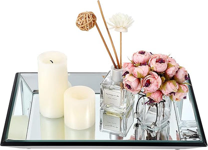 Hipiwe Glass Mirror Makeup Vanity Tray Black Rectangle Perfume Jewelry Trinket Organizer Coffee Table Centrepiece Decorative Dresser Bathroom Storage, 11.9x7.9 inch