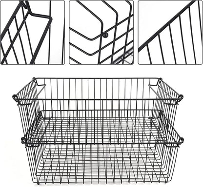 Set of 2 Stackable XXL Wire Baskets For Pantry Storage and Organization -16x12in Large Metal Food Baskets -Vegetable,Fruit,Potato,Onio, Pantry Storage Bins With Handles (White, XXL)