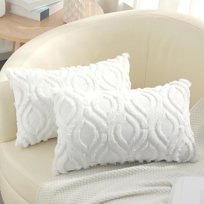 decorUhome Spring Throw Pillow Covers 12x20 Inch Set of 2, Soft Plush Faux Wool White Solid Couch Pillow Covers, Accent Farmhouse Neutral Square Pillow Cases for Sofa Bed Living Room