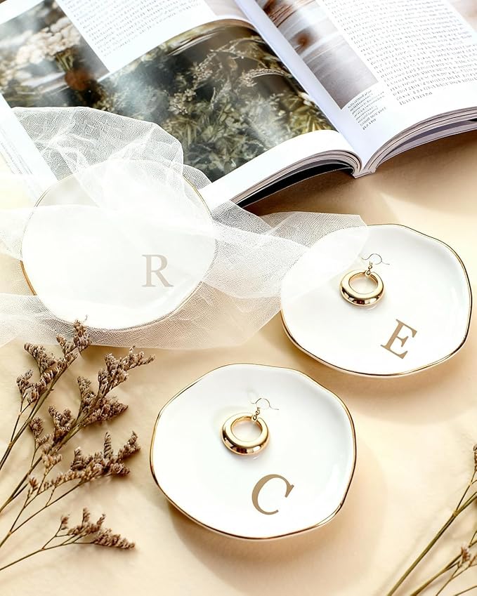Fmeida Jewelry Tray Ring Dish for Women, Initials Ceramic Jewelry Dish, Personalized Aesthetic Decorative Birthday Valentines Mother's Day Christmas Gifts, 4.5", Rose Gold K