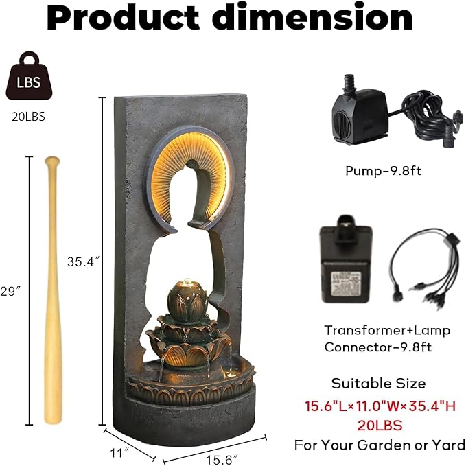 35.43" Zen Buddha Outdoor Fountain with Hollow Center — Zen Fountain Waterfall Feature for Garden, Patio & Yard — Soothing Sound, Warm LED Lights, Durable Weather-Resistant Decor