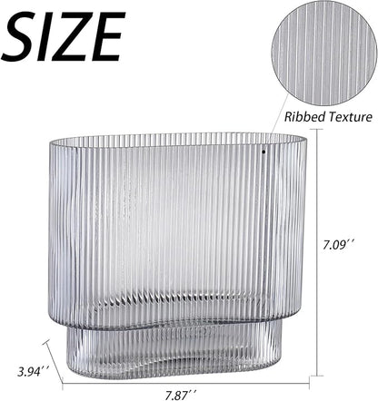 Ribbed Glass Vase, Black Glass Vase, Fluted Short Vases for Flowers, Modern Vases for Living Room, Dining Room, Bathroom, Desk, Shelf, Wedding, Office, 7 Inches