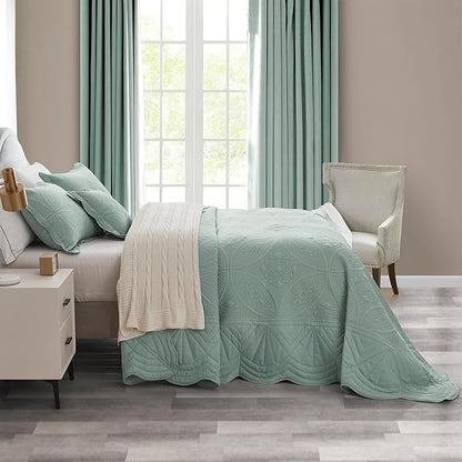 Oversized Bedspread - King Size Bedding Cover - Modern & Contemporary Coverlet Set, Real Stitching, Reversible, Lightweight, 5 Piece, Seaglass