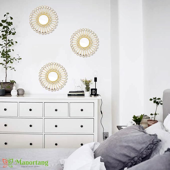 Gold Mirrors - Sunburst Christmas Wall Art, Decorative Round Mirrors for Christmas Bedroom, Living Room, Bathroom, Kitchen, Entryway, Hallway - Set of 3