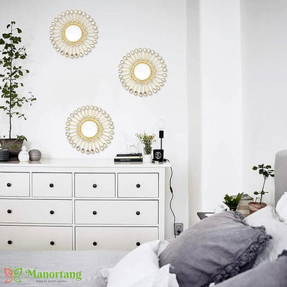 Gold Mirrors - Sunburst Christmas Wall Art, Decorative Round Mirrors for Christmas Bedroom, Living Room, Bathroom, Kitchen, Entryway, Hallway - Set of 3