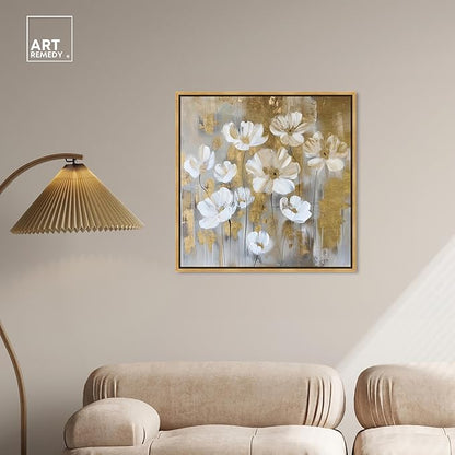 Art Remedy Golden Daisies Canvas Elegant White Gold Wall Art, Gold Frame, 30" x 30"