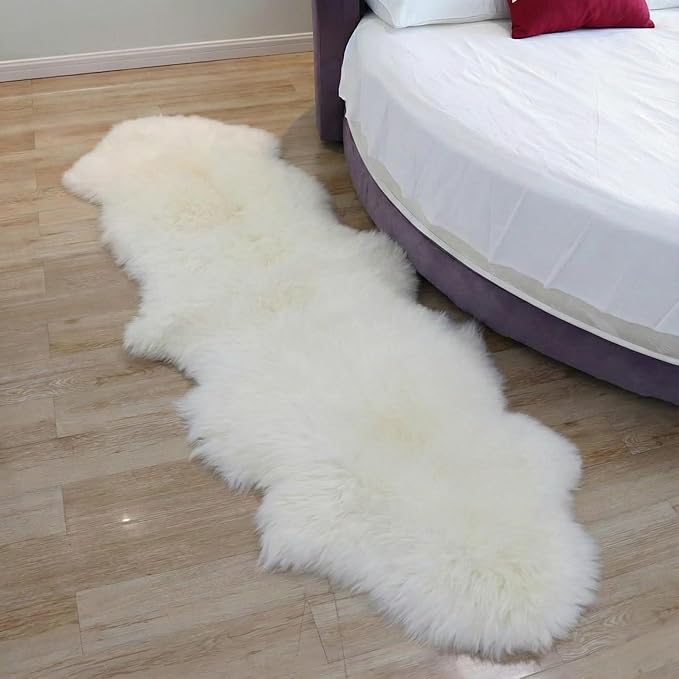 Woolous Genuine New Zealand Sheepskin Double Pelt Rug - Handmade Sheep Skin Runner Rug, Soft Thick Natural Bedside Area Rug for Bedroom and Living Room Decor, 2x6 ft