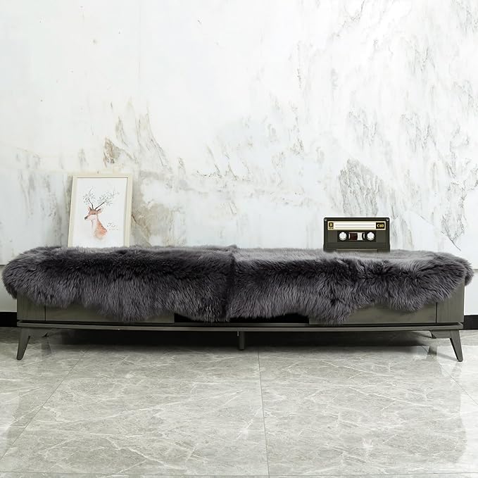 Genuine Sheepskin Rug New Zealand Fluffy Lambskin Rug, Natural Luxury Sheepskin Throw for Bedroom Living Room Children's Room - Premium Area Rug Chair Cover (2×6 Feet, Dark Charcoal Grey)