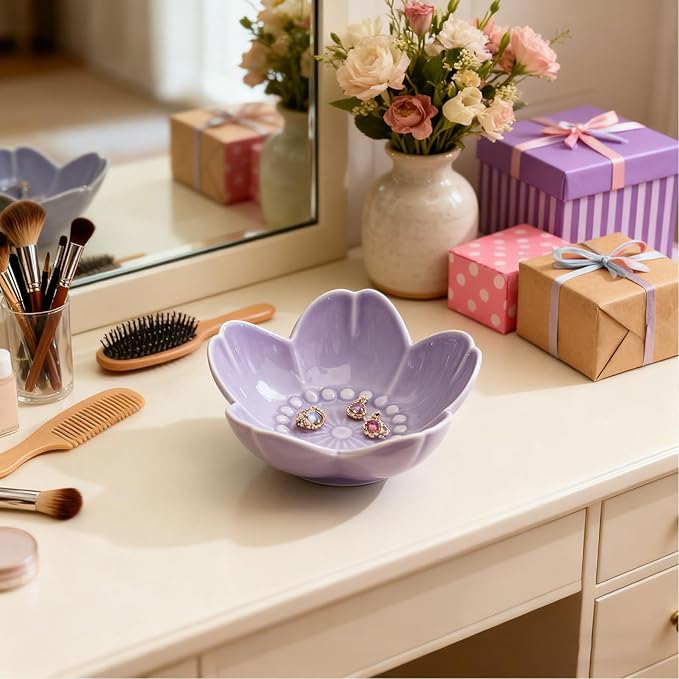 Purple Flower Ring Dish Jewelry Tray, Ceramic Jewelry Dish, Small Trinket Dish, Nightstand Bathroom Decor Ring Holder, Jewlery Plate Bowl for Christmas Friendship Birthday Gifts for Women Mom