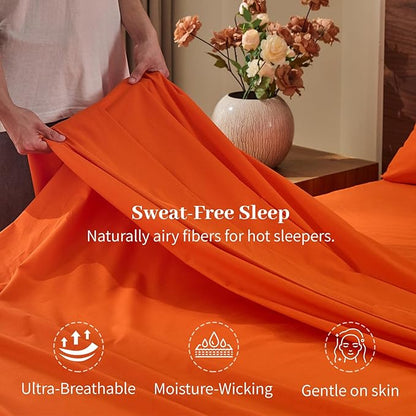 MEISHANG 100% French Pure Linen Sheets California King - Bed Sheets 4 Piece Sets, Soft Durable Flax Linen, Anti-Tear Breathable Oeko-Tex Certified with 16" Deep Pocket (Orange)