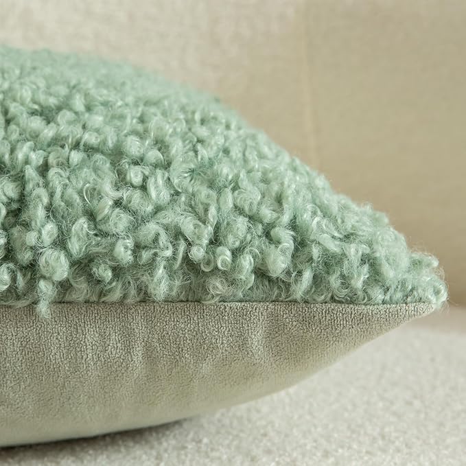 Yaertun Pack of 2 Faux Fur Throw Pillow Covers Decorative Sherpa Boucle Pillow Covers Fuzzy Soft Pillowcases Sheepskin Fleece Cushion Case for Couch Sofa Bed Living Room 26x26 Inch Sage Green
