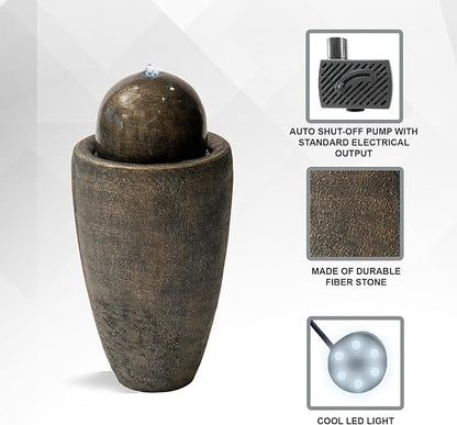 XBrand 26" Modern Sphere Water Fountain with LED Light – Indoor Outdoor Stone Texture Floor Fountain, Zen Bubbling Ball Water Feature for Garden Patio Porch - Bronze
