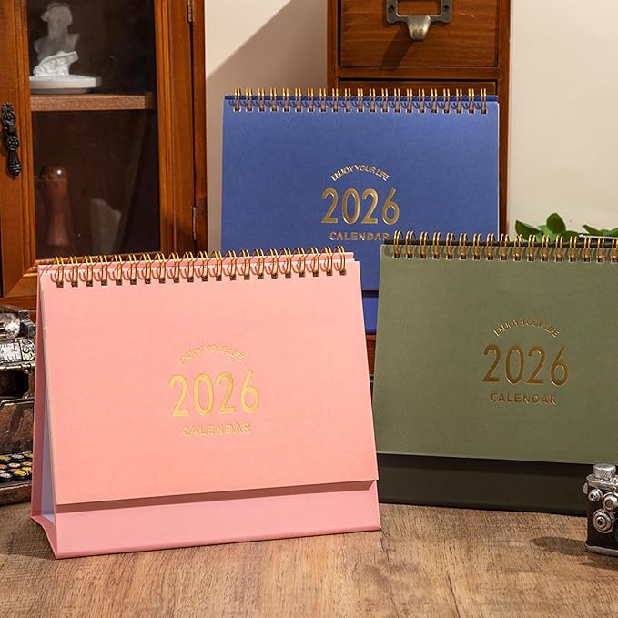 Small Desk Calendar 2025-2026, Standing Flip Desk Calendar Use Now to Dec 2026, with To-do List & Notes, Metal Ring Twin-Wire Binding with Stickers, Monthly Desktop Calendar for Home Office (Pink)