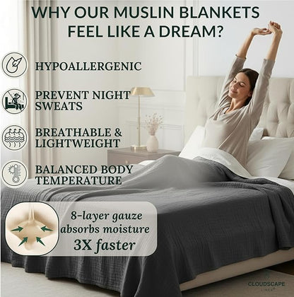 Cloud Scape Linen 8-Layer Muslin Blanket King Size for Adult - 100% Cotton, Breathable and Soft, Perfect Winter Cozy Blanket, Fits up to California King Bed, 92x108, Dark Grey