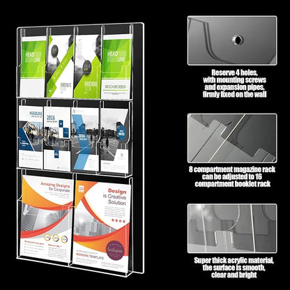 Weysat Acrylic Brochure Holder Wall Mount, Clear Plastic Pamphlet Holder Magazine Display Trifold Flyer Rack Hanging Literature Storage Organizer(2 Magazine Pockets, 8 Pamphlet Pockets)