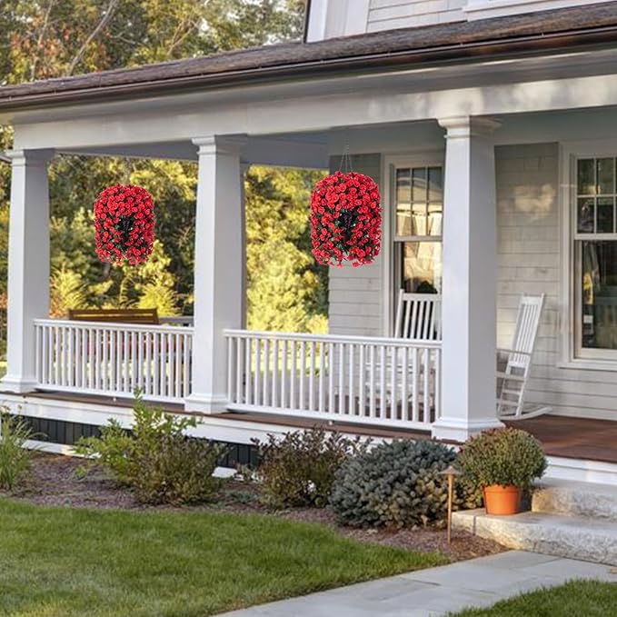 Artificial Fake Hanging Flowers Plants for Outdoor Outside Winter Christmas Decoration, 2PCS Faux Silk UV Resistant Look Real Red Morning Glory Trailing Vines for Home Wedding Party Garden Patio Porch