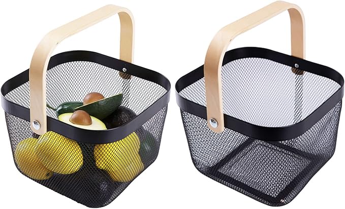 IBWell Square Metal Wire Woven Fruit Storage Bowl Basket with Wooden Handle, Large Black Mesh Fruit Stand, Multi-function Hanging Kitchen Baskets (Black, Nomal 2PCS)
