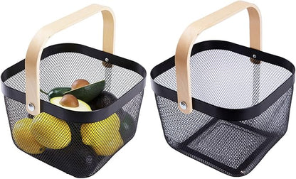 IBWell Square Metal Wire Woven Fruit Storage Bowl Basket with Wooden Handle, Large Black Mesh Fruit Stand, Multi-function Hanging Kitchen Baskets (Black, Nomal 2PCS)