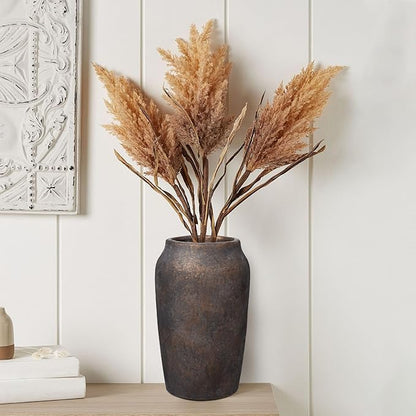 Briful 9.06'' Large Ceramic Rustic Vase Shabby Vintage Textured Vase, 4.33'' Wide Mouth Pampas Vases for Fake Flowers Branches, Farmhouse Home Décor, Weddings Shelf Table Decor, Brown