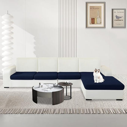 MAXIJIN Waterproof 4 Pieces Couch Cushion Covers for Sectional Sofa Seat Slipcover Stretch Sectional Couch Cover for L Shape Left/Right Chaise with Elastic Bottom (3 Seater + 1 Chaise, Navy Blue)