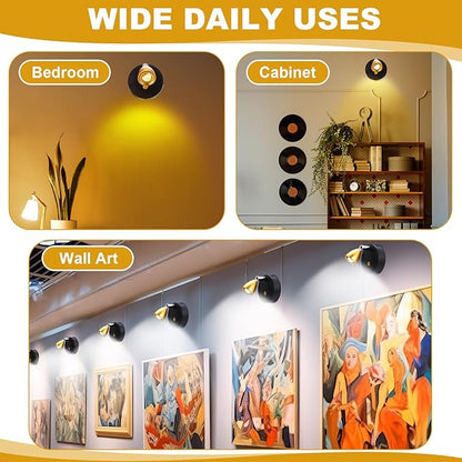 Hortsun 6 Pcs Mini Rechargeable Spotlights with 3 Remote Control Indoor Plant Wireless LED Spot Lights Rotatable Dimmable Accent Picture Lights for Wall Artwork Painting Display (Gold)
