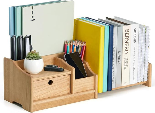 KIRIGEN Desktop Adjustable Organizer Storage Book Shelf with Drawer Wooden Desk Bookcase Workplace Storage Station Expandable Book Rack Fully Assembled SSSJ-S-NA