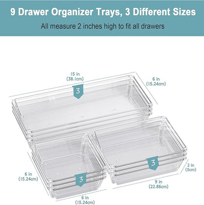 9 Pack Large Clear Plastic Drawer Organizer Trays, Desk Drawer Organizers and Storage Dividers, Non-Slip Storage Bins for Jewelry, Snacks, Office, Bathroom, Bedroom and Kitchen