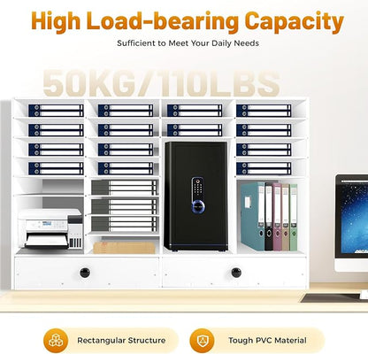 Literature Organizer with 32 Compartments | Adjustable Desktop File Sorter Mail Center for Home, Office & Classroom | PVC Paper Storage Cabinet with 2 Drawers and Shelves, White