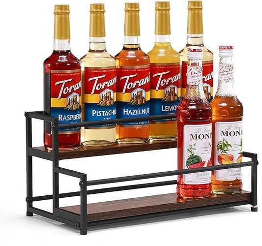 Coffee Syrup Rack Organizer, 2-Tier 10 Syrup Bottles Holder Stand for Coffee Bar, Liquor Bottle Display Shelf Bar Shelf Stand Countertop Rack for Syrup, Wine, Spice