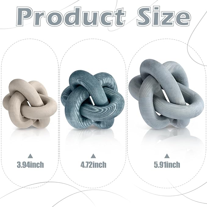 3 Pack Wooden Knot Decorations 3 Color Set Coordinated Boho Nautical Home Decor for Shelf, Wall, Tabletop, Sizes 3.94", 4.72", 5.91"(Gradient Blue)