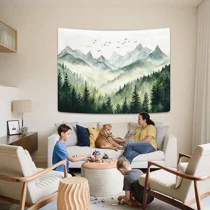 kampdream Landscape Tapestry, Scenery Art Wall Tapestries, Nature Wall Decor for Bedroom Living Room Backdrop Green Watercolor Mountain 44×60 inches