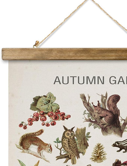XIAOAIKA Autumn Garden Wildlife Poster - Vintage Illustrated Seasonal Fauna and Flora Chart with Wooden Frame - Educational Wall Art for Home, Classroom, or Nature Enthusiast 12 x 16 Inches