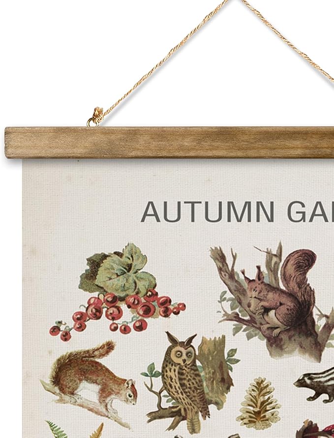XIAOAIKA Autumn Garden Wildlife Poster - Vintage Illustrated Seasonal Fauna and Flora Chart with Wooden Frame - Educational Wall Art for Home, Classroom, or Nature Enthusiast 16 x 23 Inches